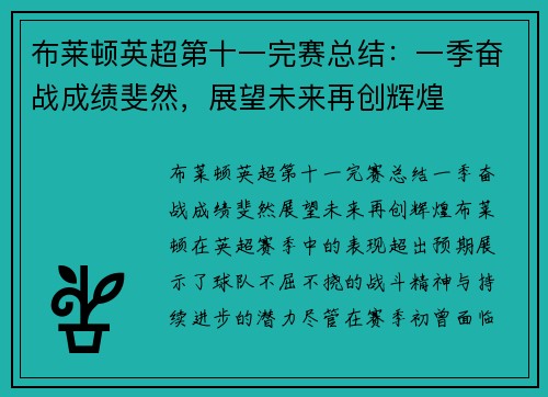 布莱顿英超第十一完赛总结:一季奋战成绩斐然,展望未来再创辉煌 布莱顿英超第十一完赛总结:一季奋战成绩斐然,展望未来再创辉煌